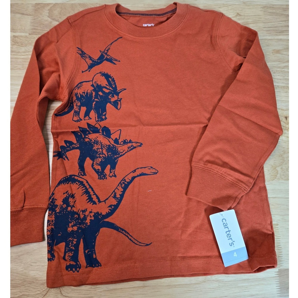 Carters Boys Rust Orange Dinosaur Long Sleeve Graphic Tee Shirt Size 4 NWT